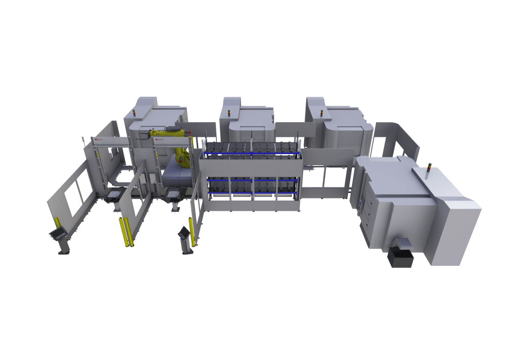 Integrate any 5-axis machines with zero-point or no pallets into one factory automation system along with washing, marking, measuring and other processes.