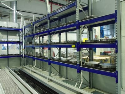 One of the integral parts of the RoboFMS is a storage unit for blanks, semi-finished parts and finished parts. If enough material is available, the system can produce autonomously for a long period of time.